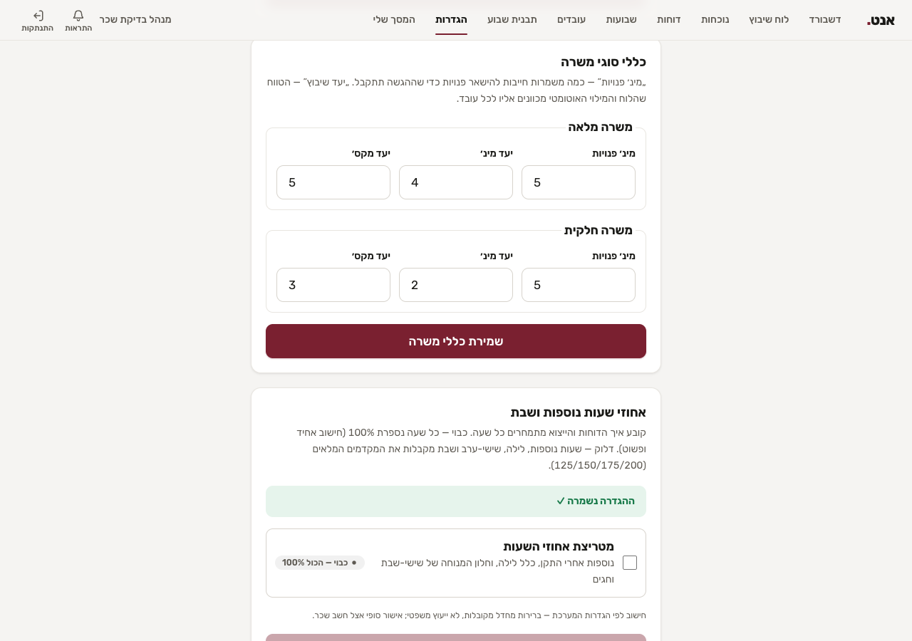 Sidur settings: full-time and part-time shift targets, plus overtime percentage rules.